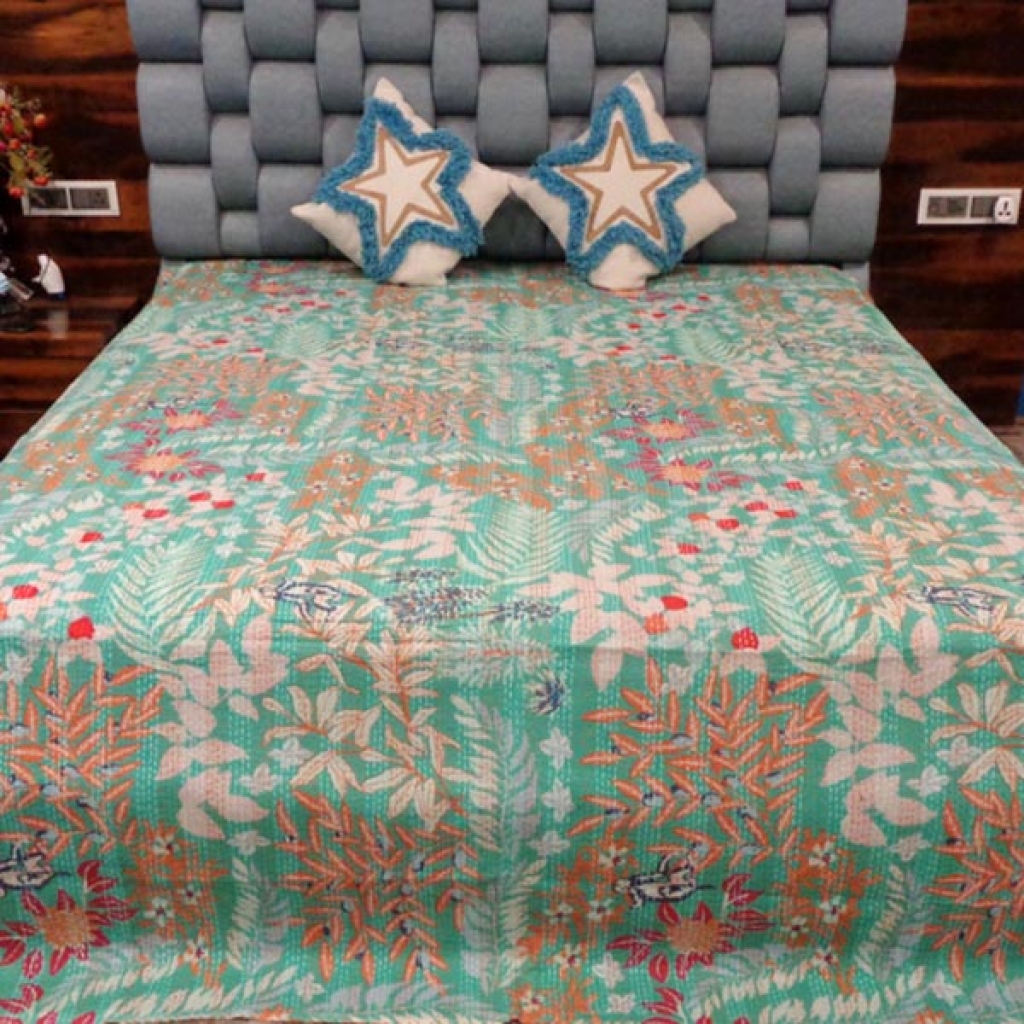 FLOWER PRINTED COTTON KANTHA BEDCOVER