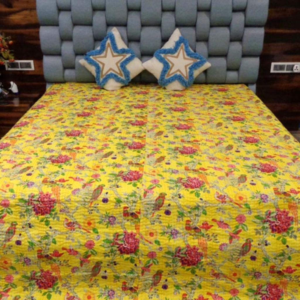 NEW BIRDS PRINTED COTTON KANTHA BED COVER
