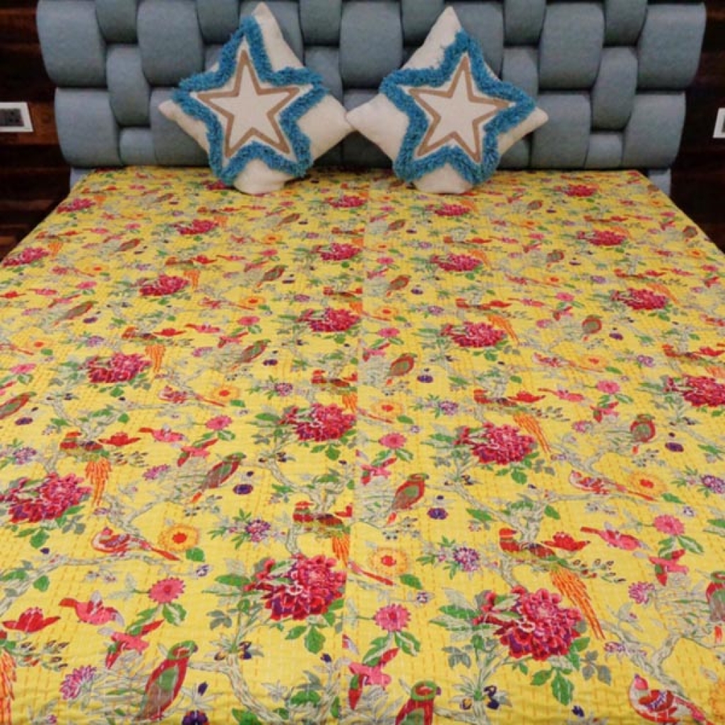 NEW BIRDS PRINTED COTTON KANTHA BED COVER