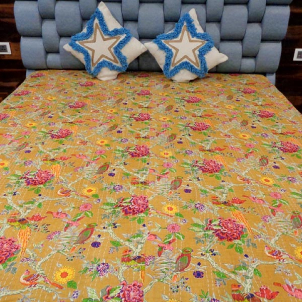 BIRDS PRINTED COTTON KANTHA BED COVER