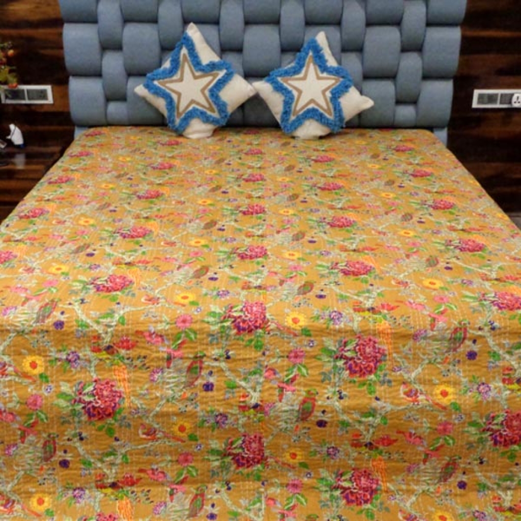 BIRDS PRINTED COTTON KANTHA BED COVER
