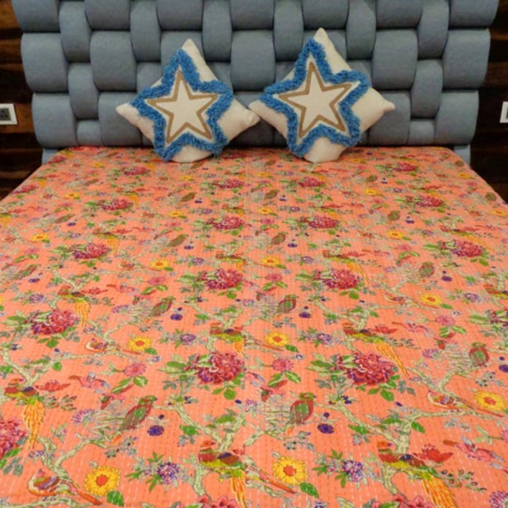 UNIQUE BIRDS PRINTED COTTON KANTHA BED COVER