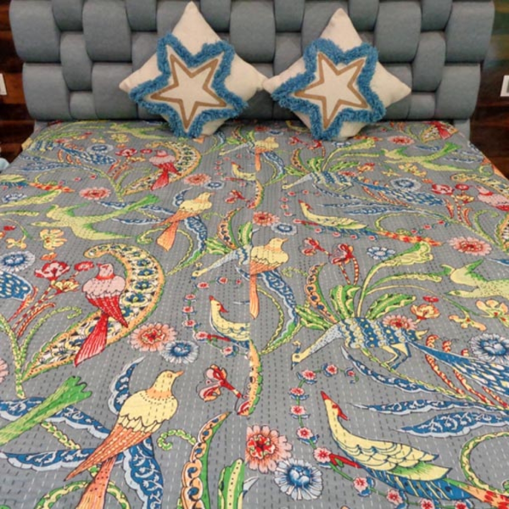 NEW BIRDS PRINTED COTTON KANTHA BED COVER