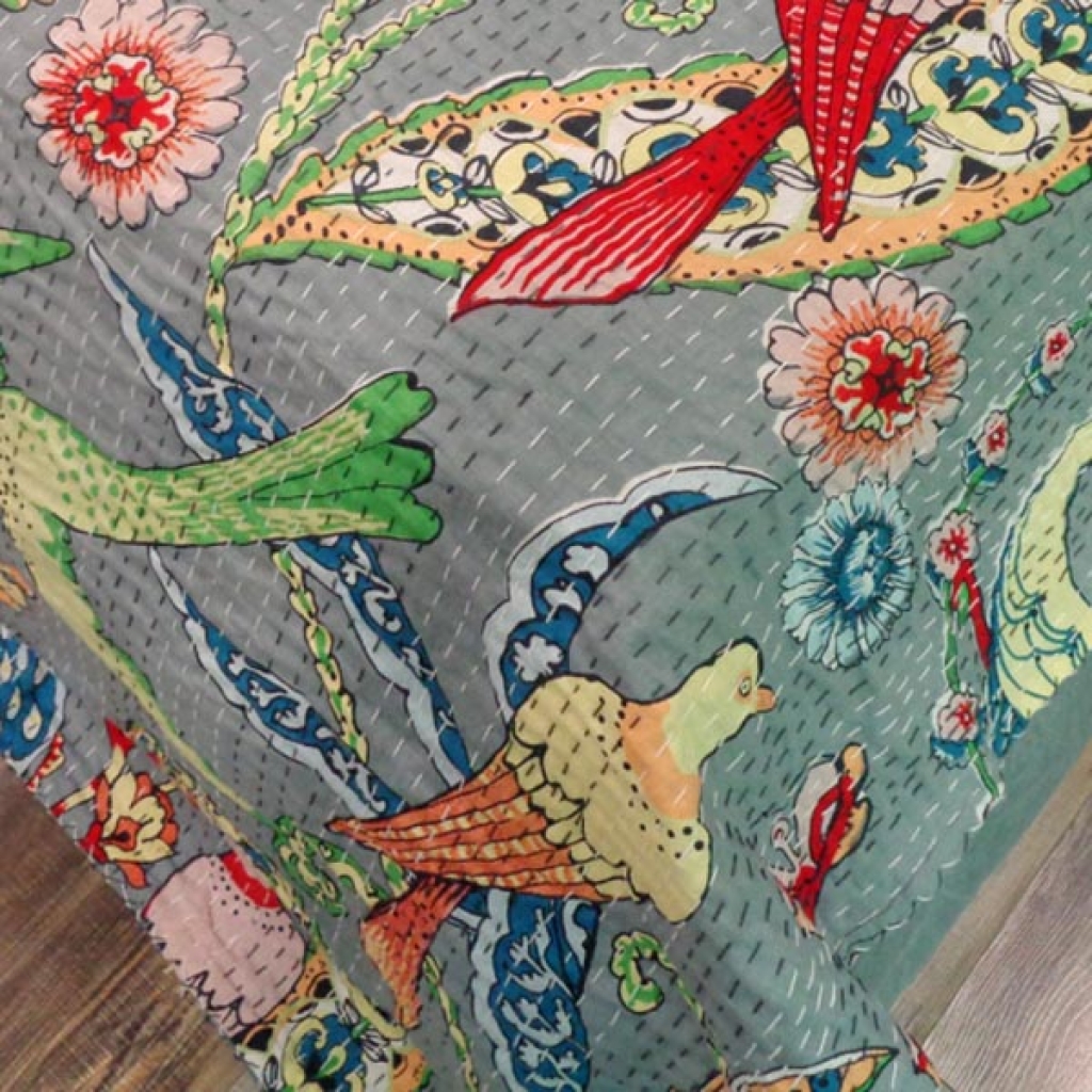 NEW BIRDS PRINTED COTTON KANTHA BED COVER