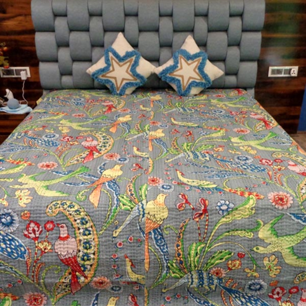 NEW BIRDS PRINTED COTTON KANTHA BED COVER