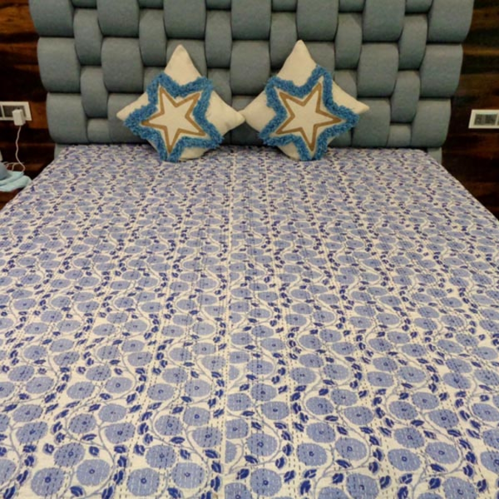 ALL SEASON COTTON HAND BLOCK ALL OVER PRINTED KANTHA BED COVER