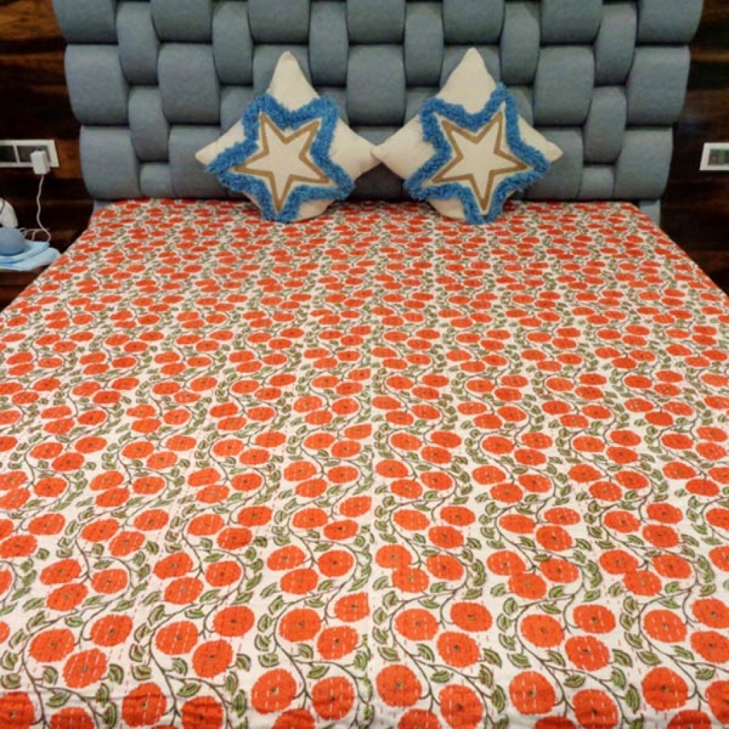 KANTHA BED COVER FOR ALL-SEASON COTTON HAND BLOCK ALL OVER PRINTED