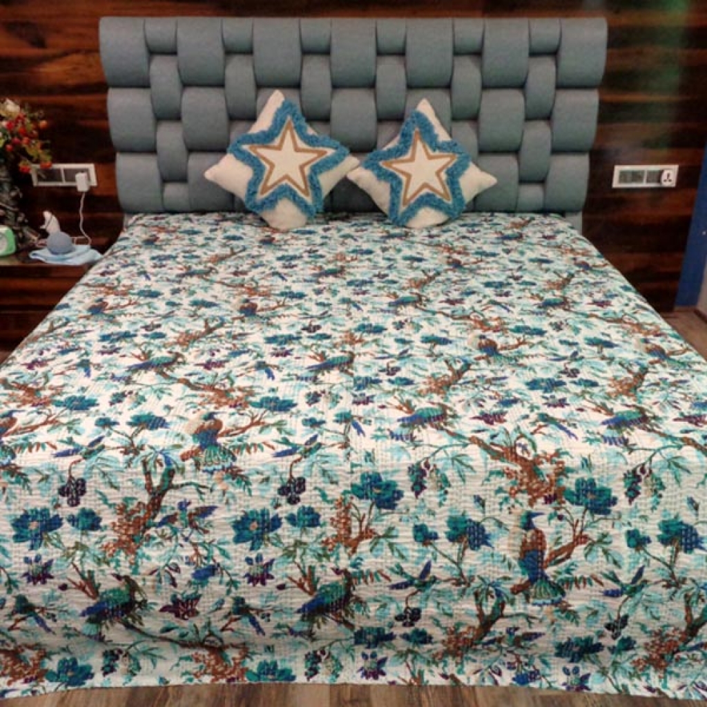 AMAZING FLORAL PRINTED KANTHA BED COVER