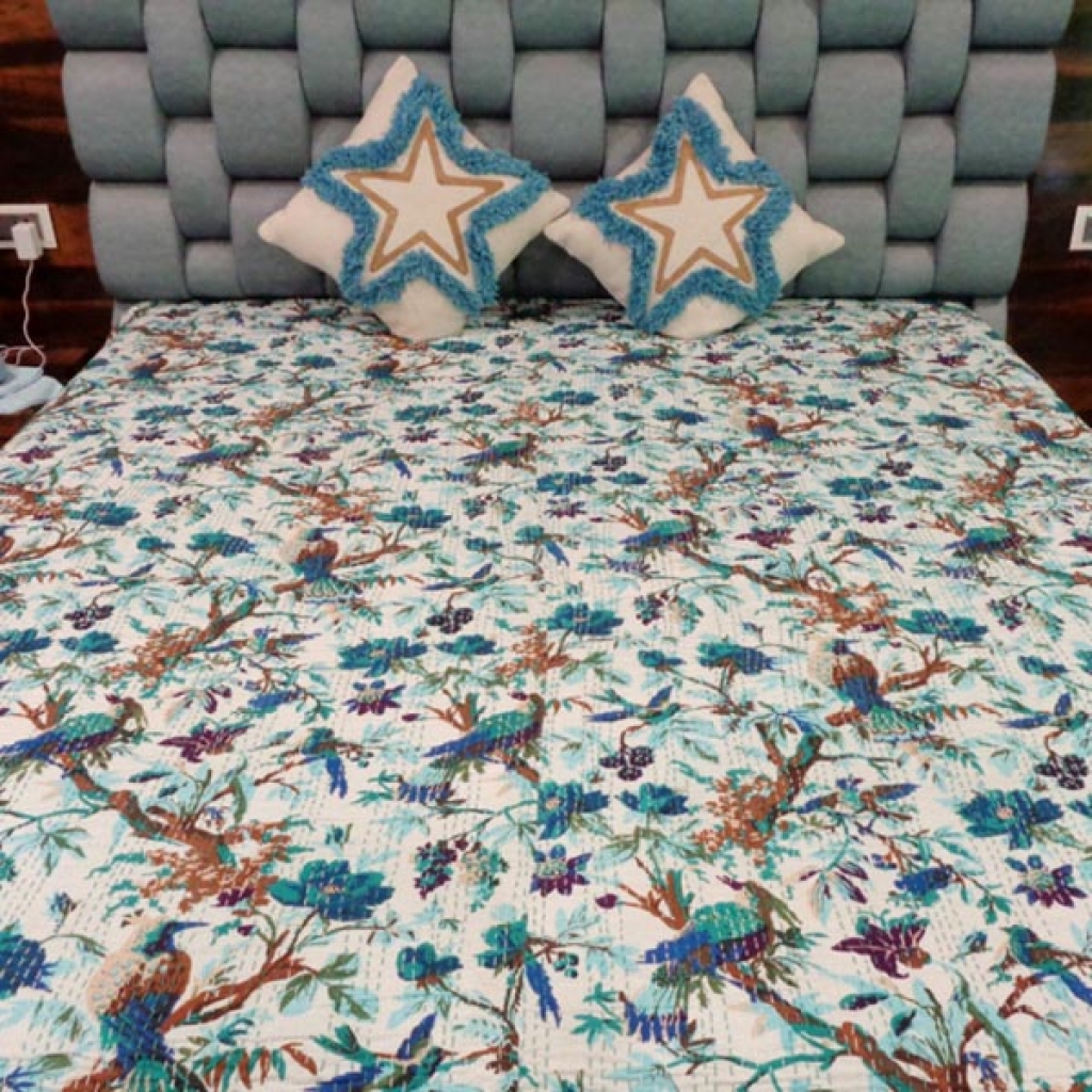 AMAZING FLORAL PRINTED KANTHA BED COVER