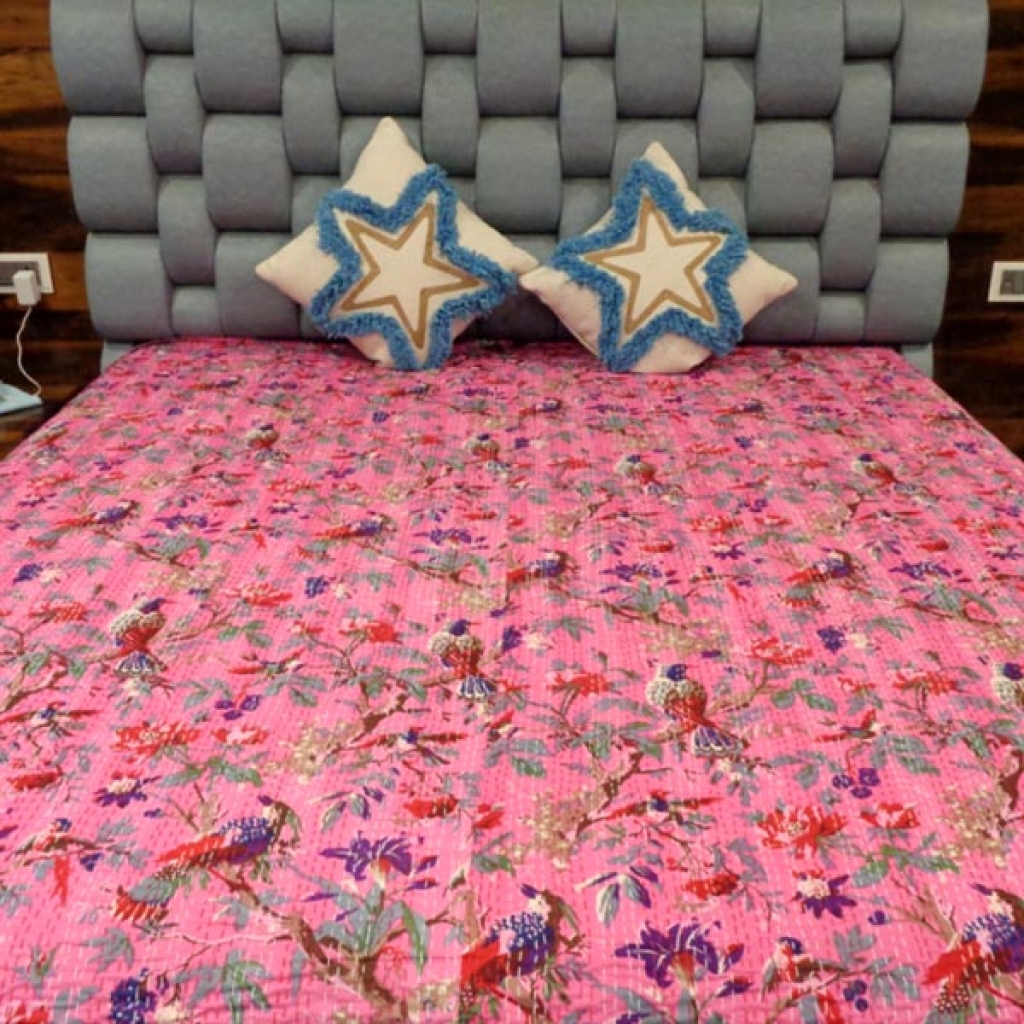 FLORAL PRINTED HANDMADE COTTON KANTHA BED COVER