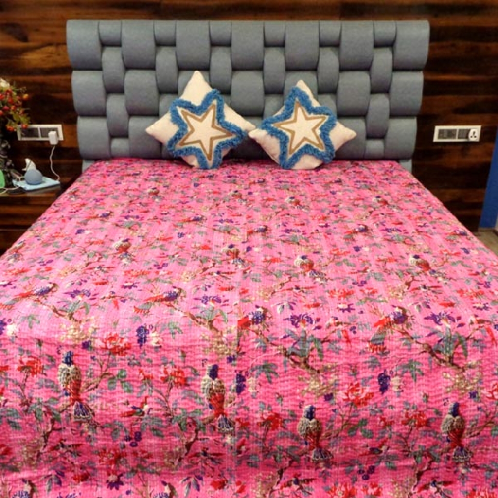 FLORAL PRINTED HANDMADE COTTON KANTHA BED COVER
