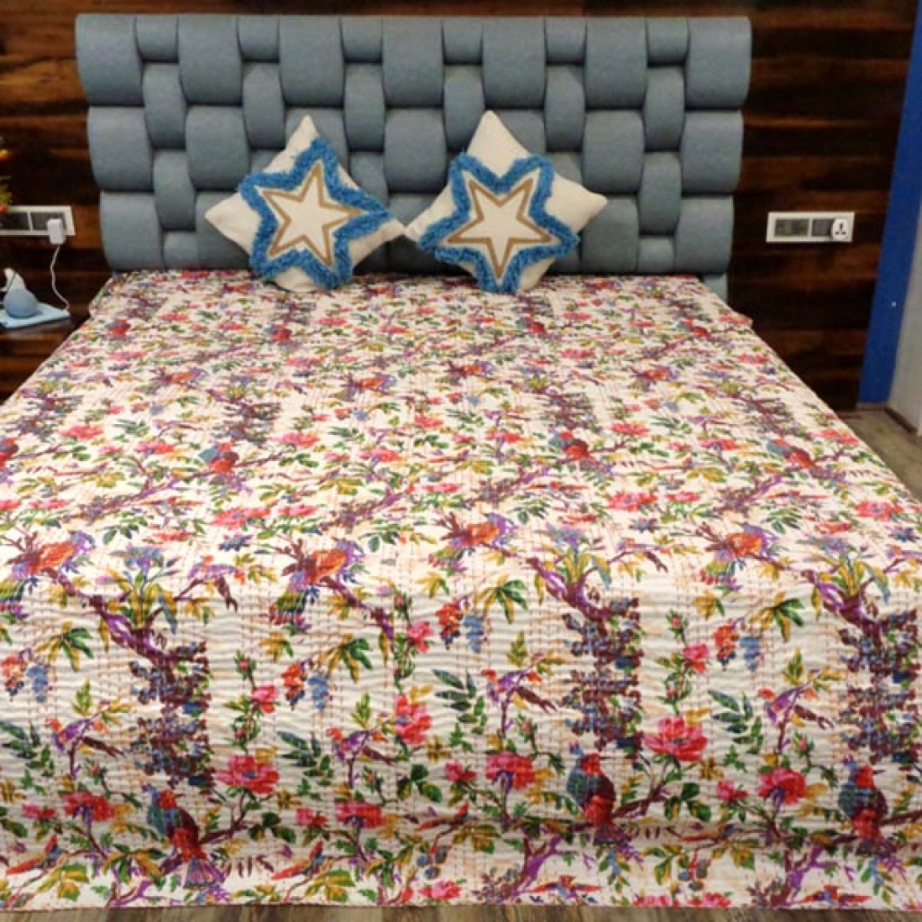 FLORAL DESIGNER PRINTED KANTHA BED COVER