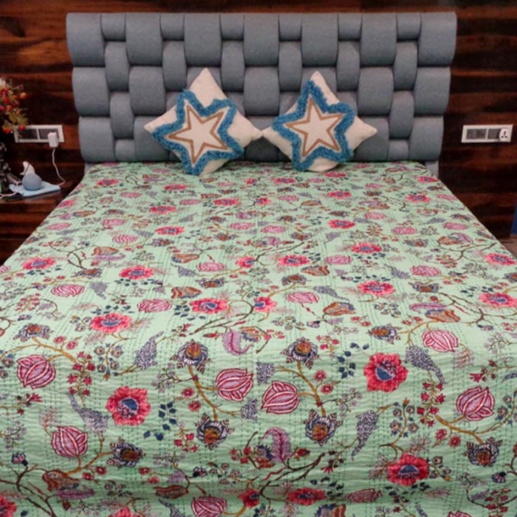 INDIAN COTTON FLOWER PRINTED KANTHA BEDCOVER