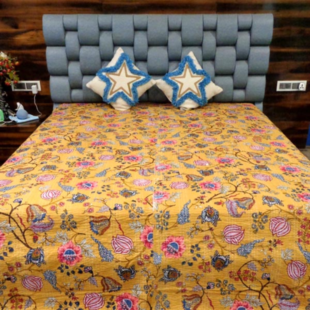 COTTON KANTHA FLORAL PRINTED BEDCOVER