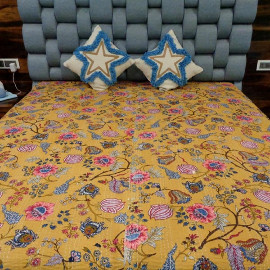 COTTON KANTHA FLORAL PRINTED BEDCOVER