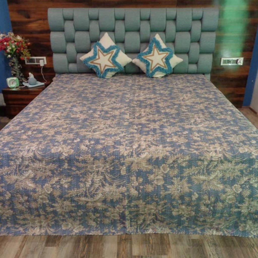 DESIGNER HANDMADE COTTON FLORAL PRINTED KANTHA BEDCOVER