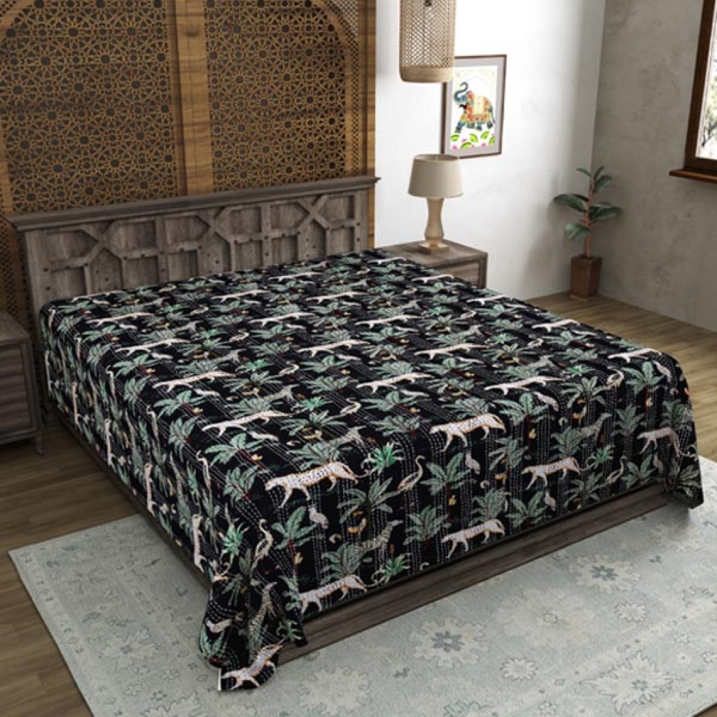 TIGER PRINTED KANTHA BED COVER
