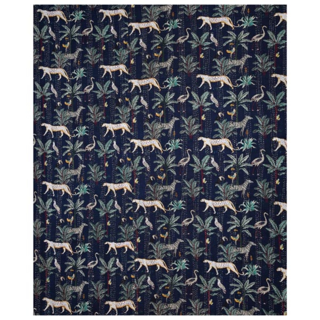 INDIAN COTTON KANTHA TIGER PRINT BED COVER