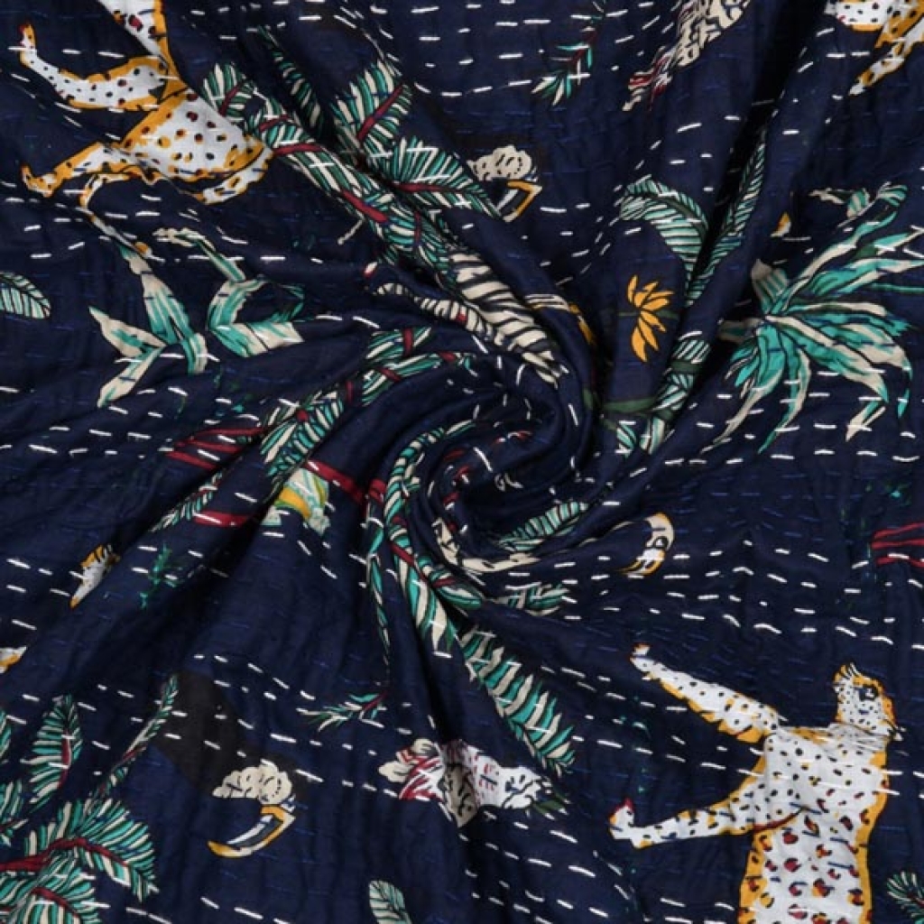 INDIAN COTTON KANTHA TIGER PRINT BED COVER