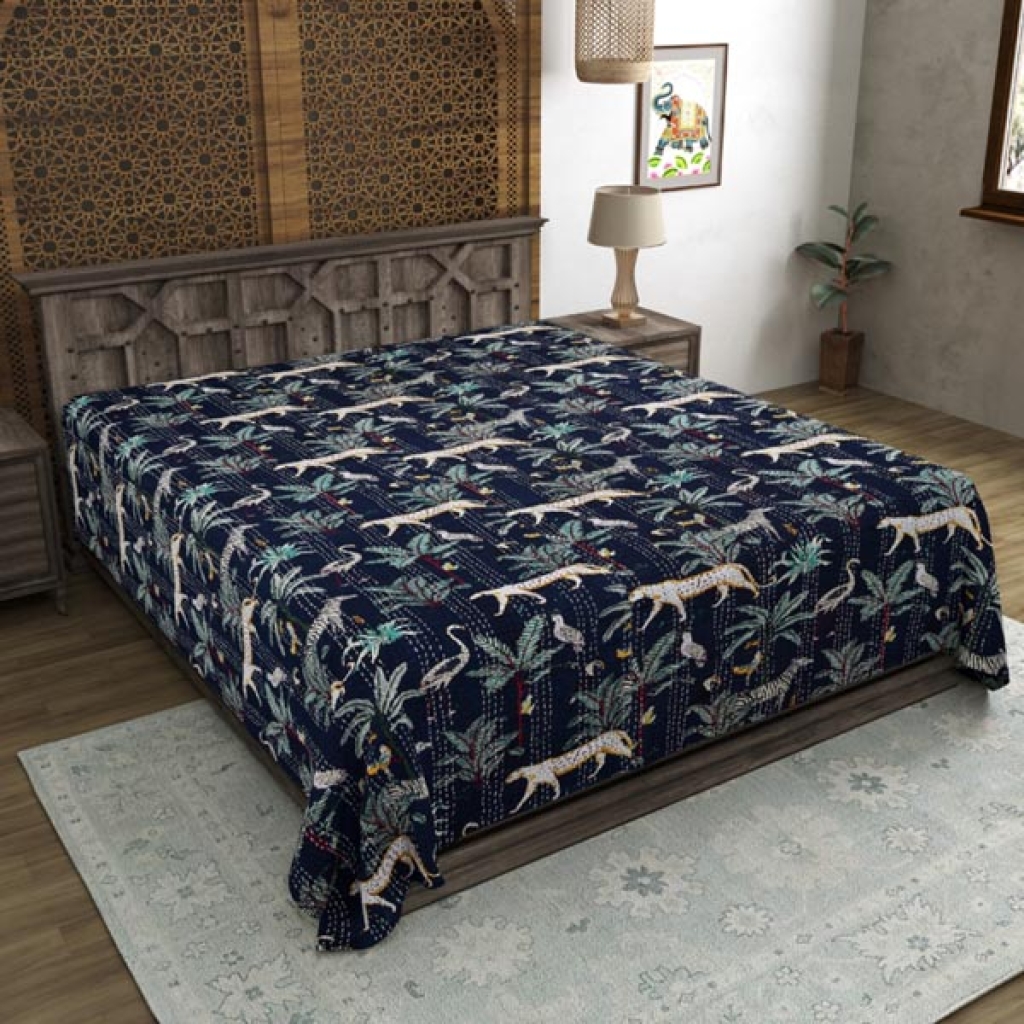 INDIAN COTTON KANTHA TIGER PRINT BED COVER