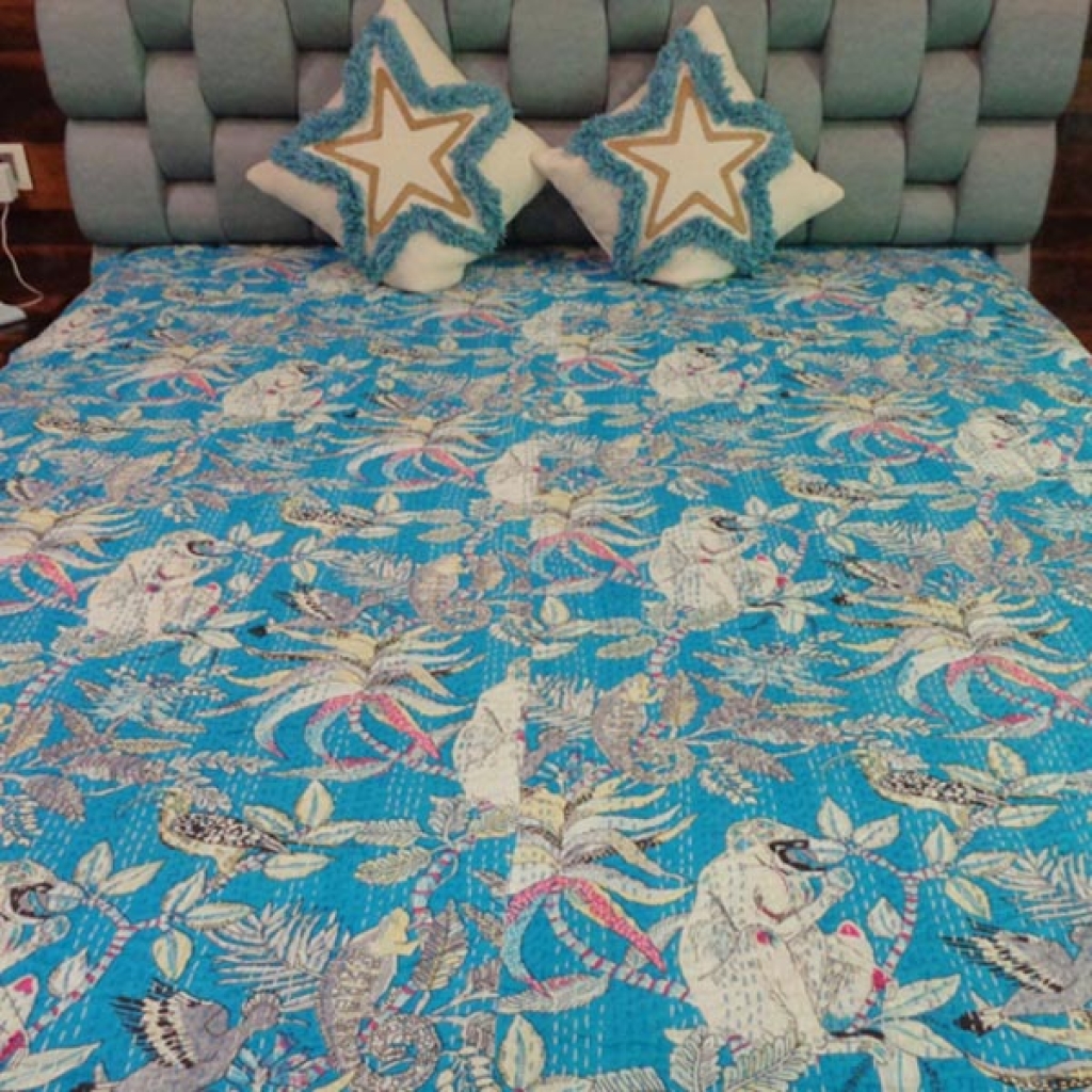 INDIAN COTTON KANTHA BEDCOVER MONKEY PRINTED