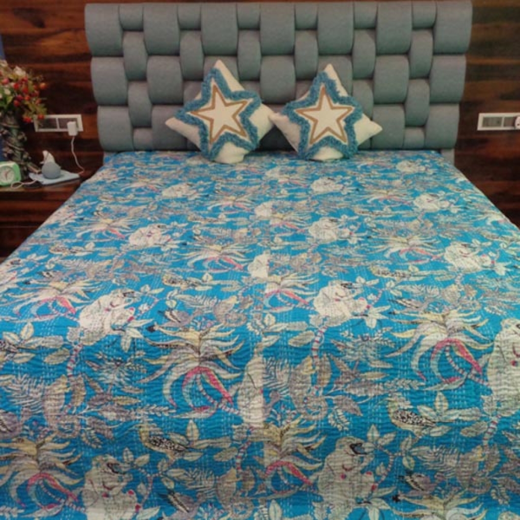 INDIAN COTTON KANTHA BEDCOVER MONKEY PRINTED