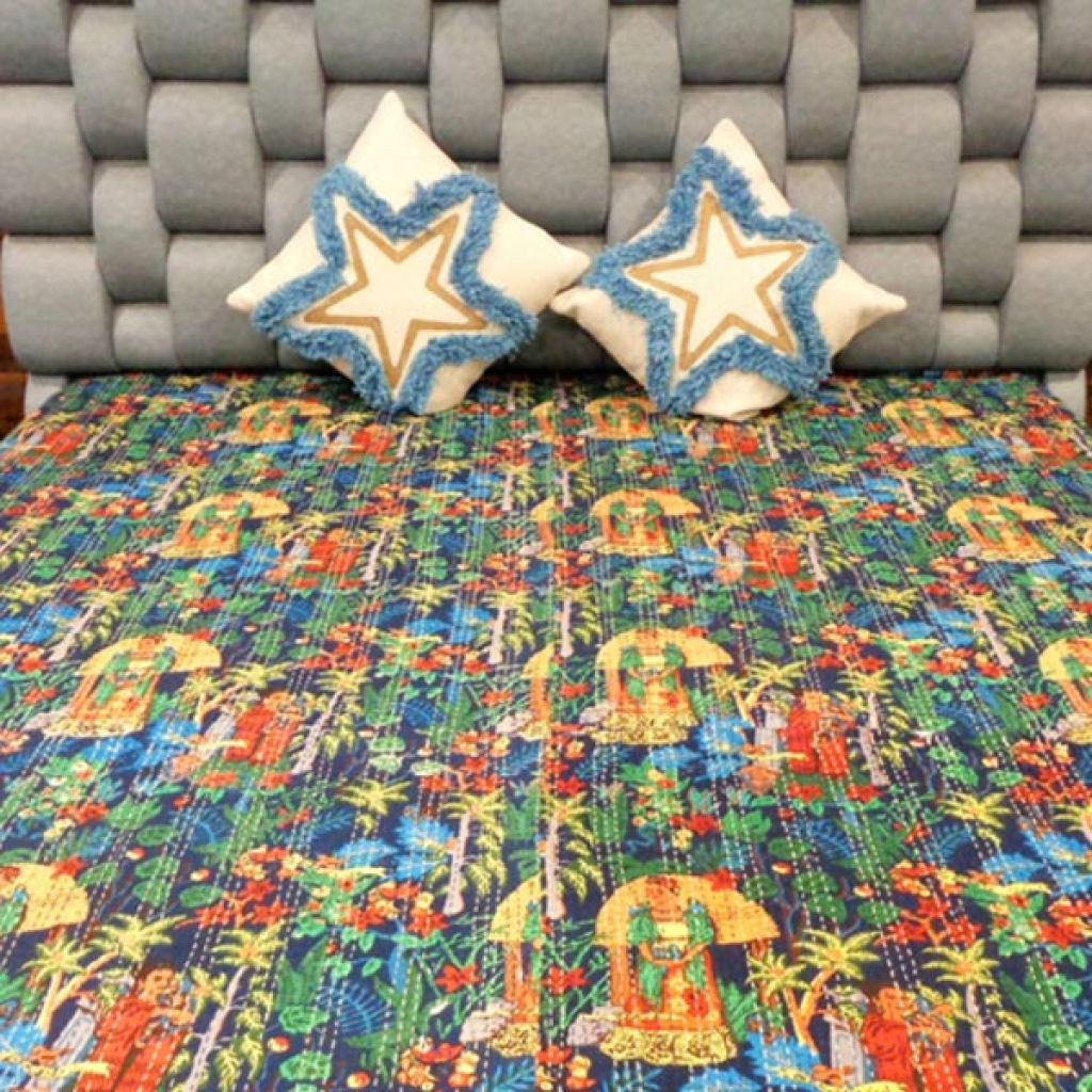 FARIDA PRINTED COTTON KANTHA BED COVER