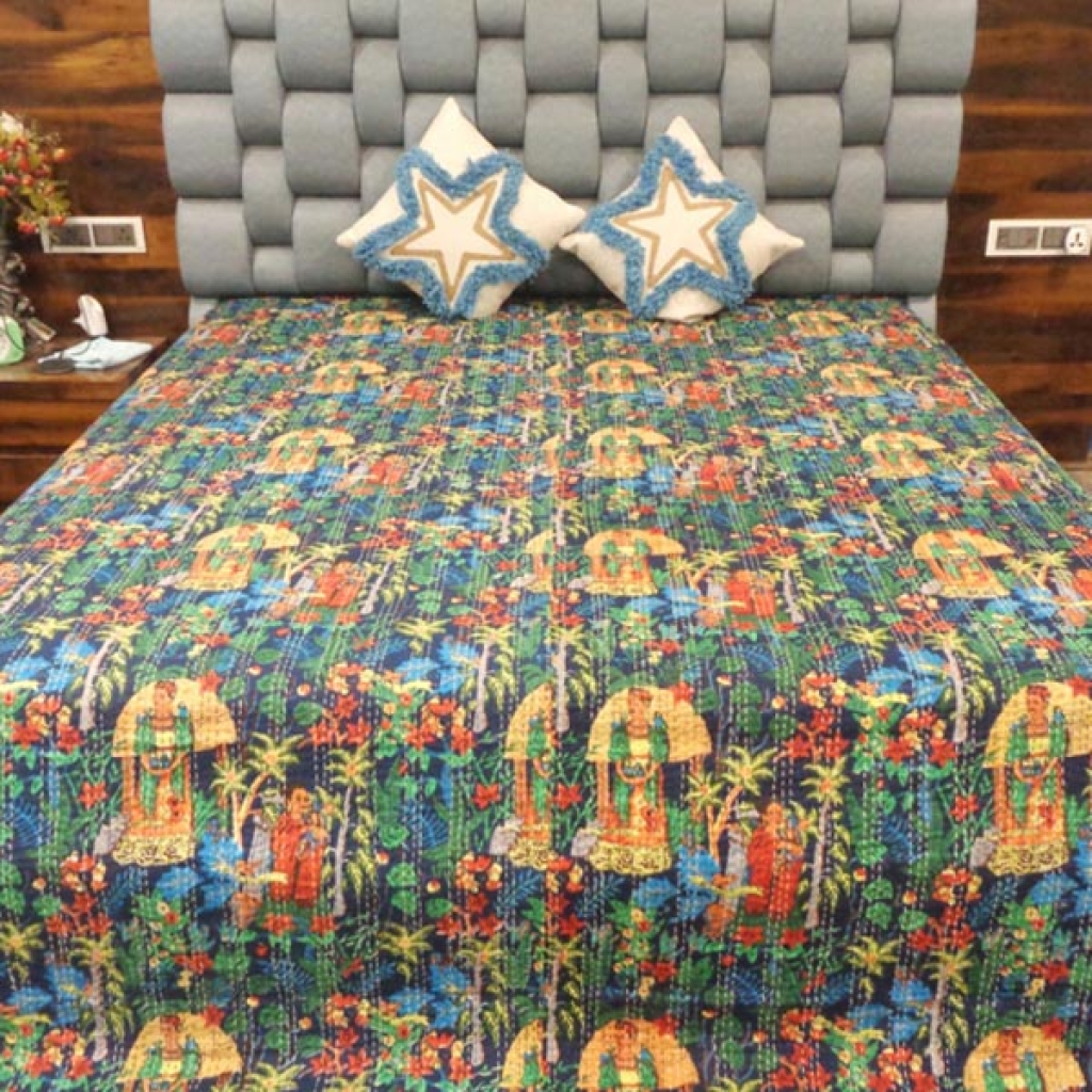 FARIDA PRINTED COTTON KANTHA BED COVER