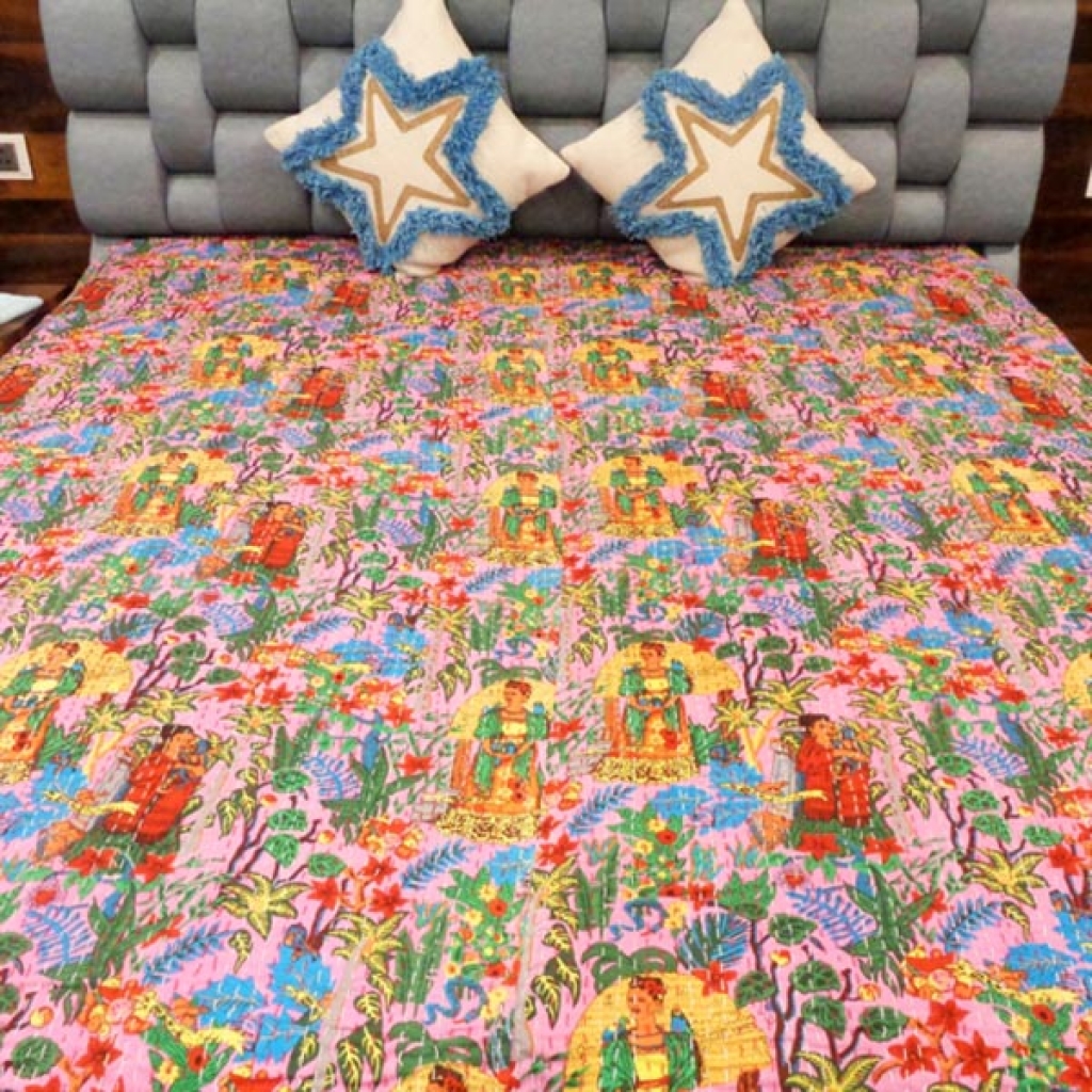 FARIDA DESIGNER PRINTED COTTON KANTHA BED COVER