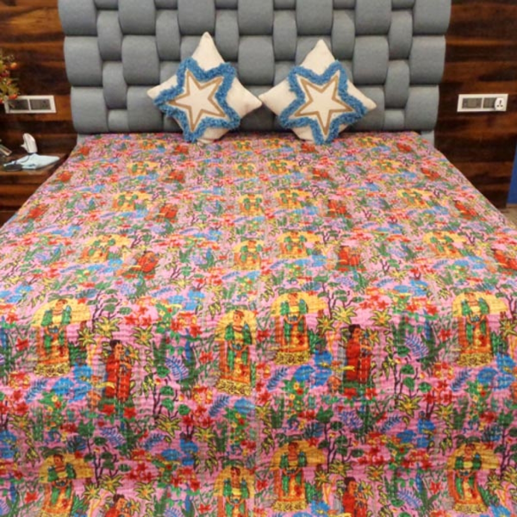 FARIDA DESIGNER PRINTED COTTON KANTHA BED COVER