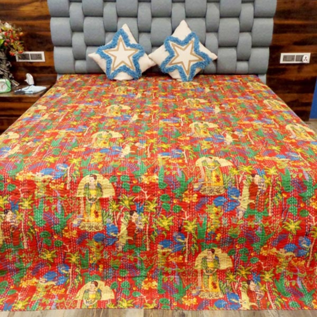 INDIAN HANDMADE DESIGNER PURE COTTON KANTHA BED COVER
