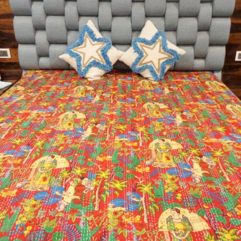 INDIAN HANDMADE DESIGNER PURE COTTON KANTHA BED COVER