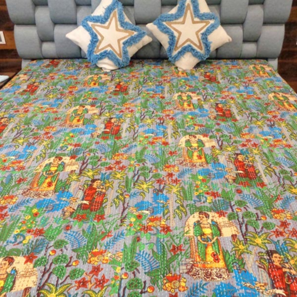 DESIGNER PRINT HANDMADE COTTON KANTHA BED COVER