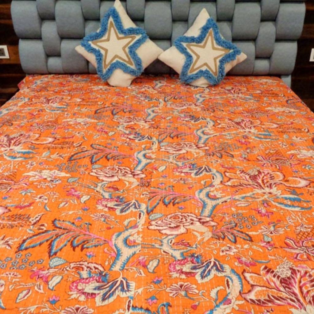 UNIQUE FLOWER PRINTED COTTON KANTHA BEDCOVER