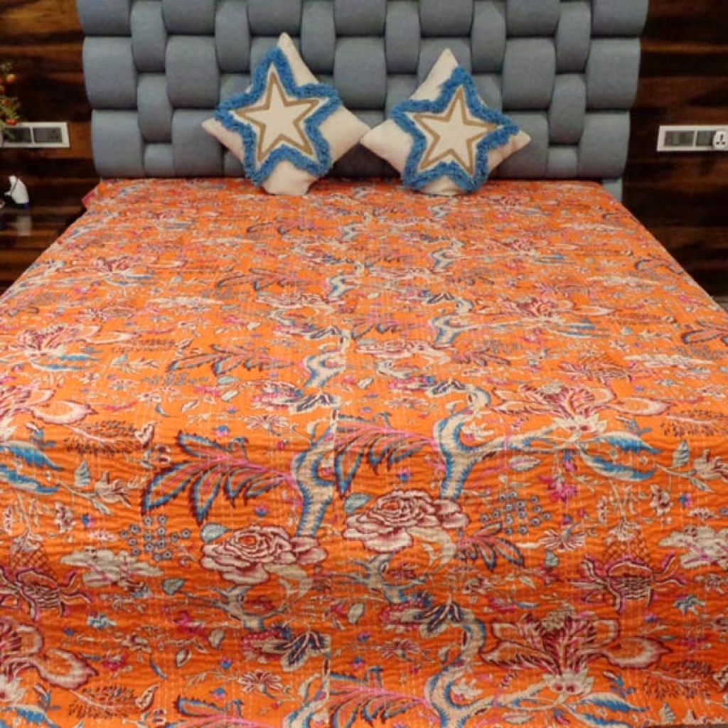 UNIQUE FLOWER PRINTED COTTON KANTHA BEDCOVER