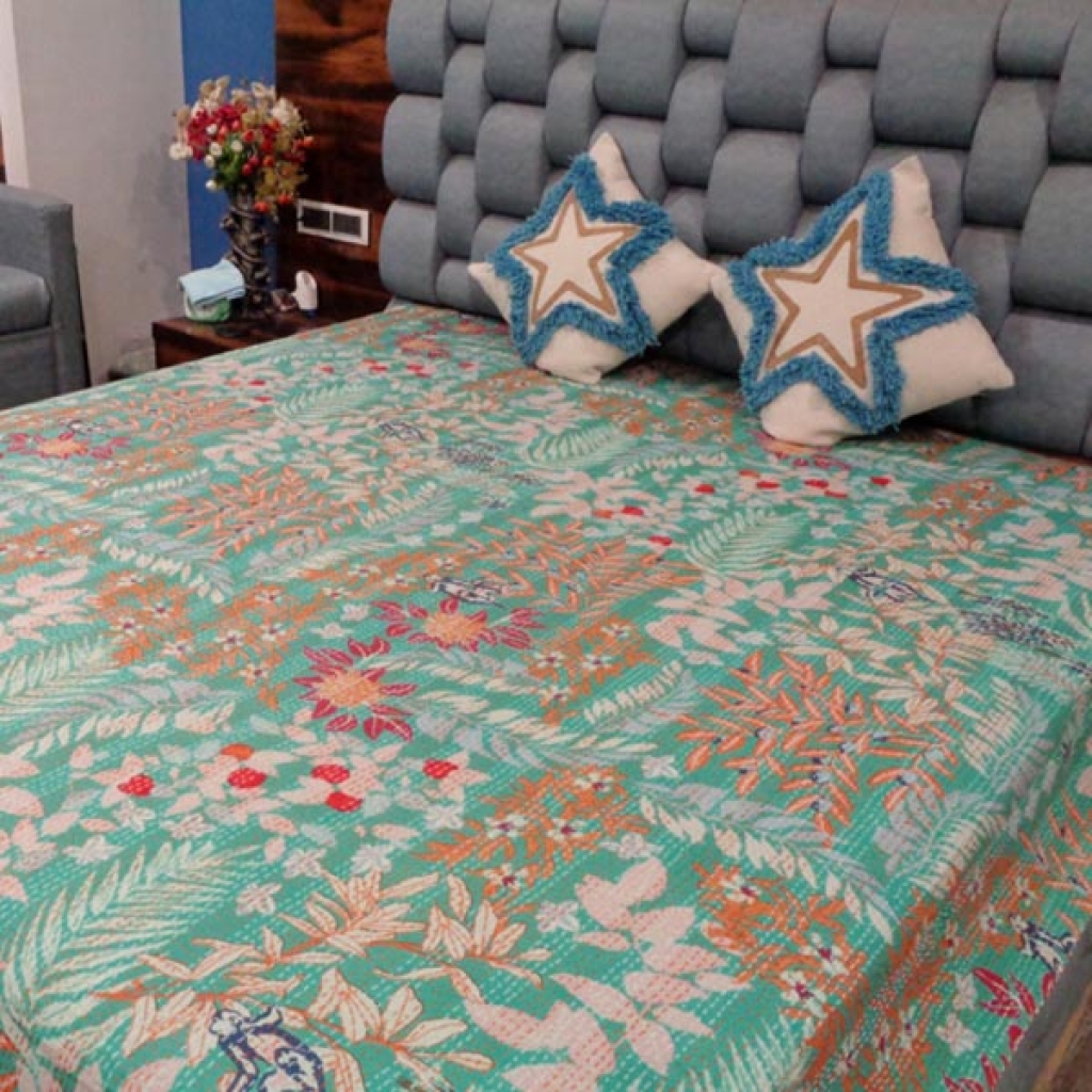 FLOWER PRINTED COTTON KANTHA BEDCOVER
