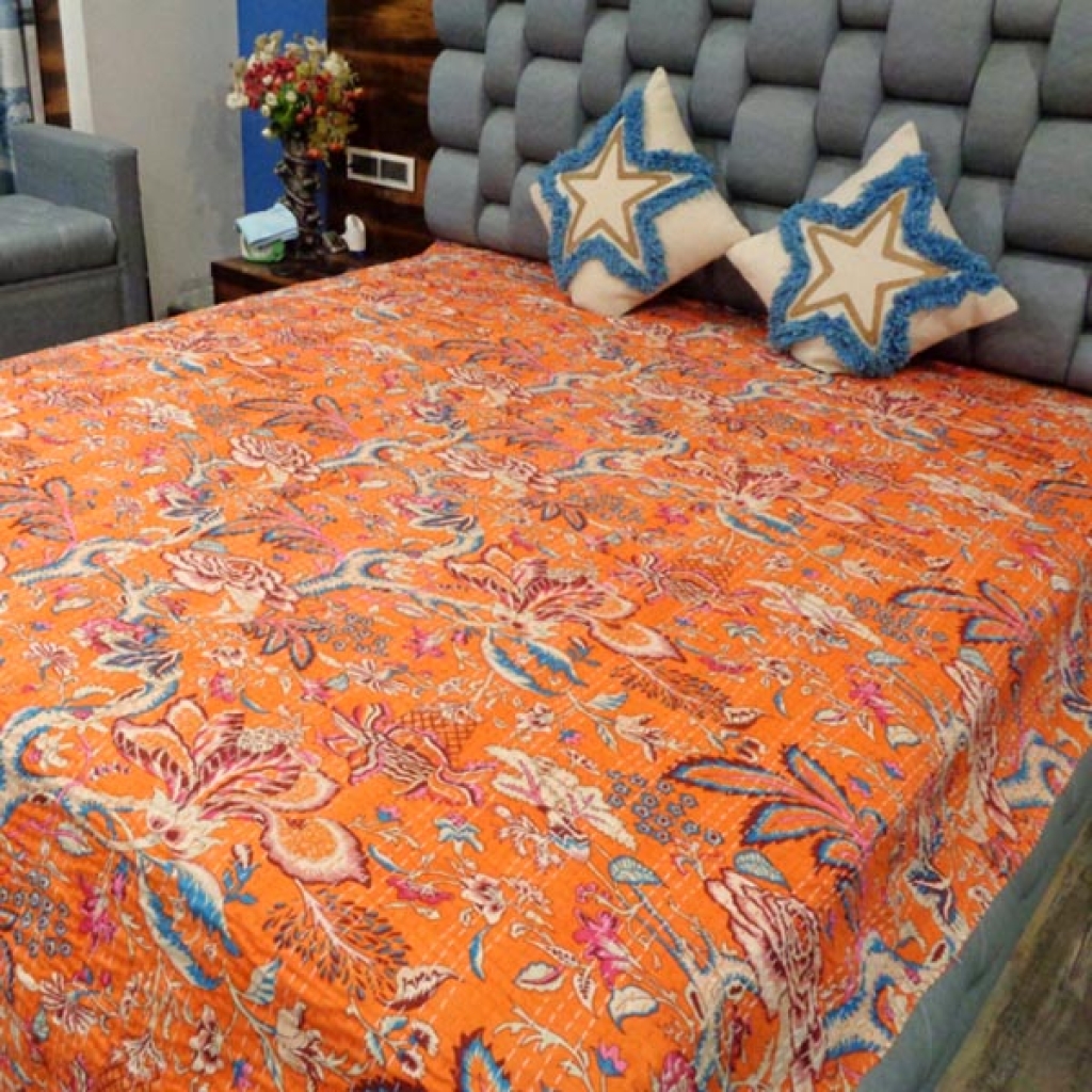 UNIQUE FLOWER PRINTED COTTON KANTHA BEDCOVER